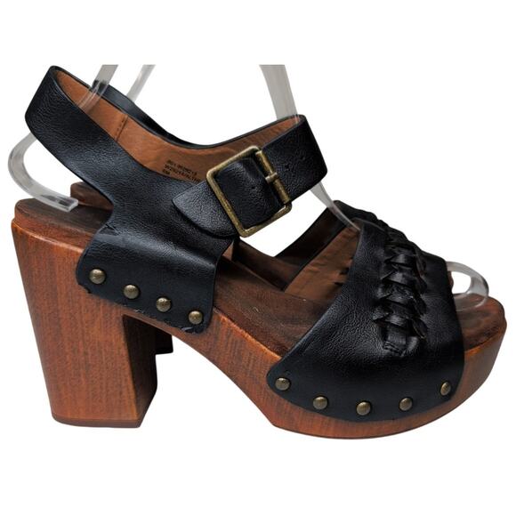Chunky Woven Platform Heel Sandals 8M Faux‎ Leather Wood Boho Festival Summer - Picture 1 of 7
